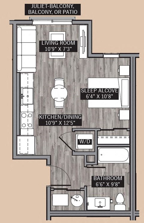 Floor plan for studio, 1 bath, 409 sqft